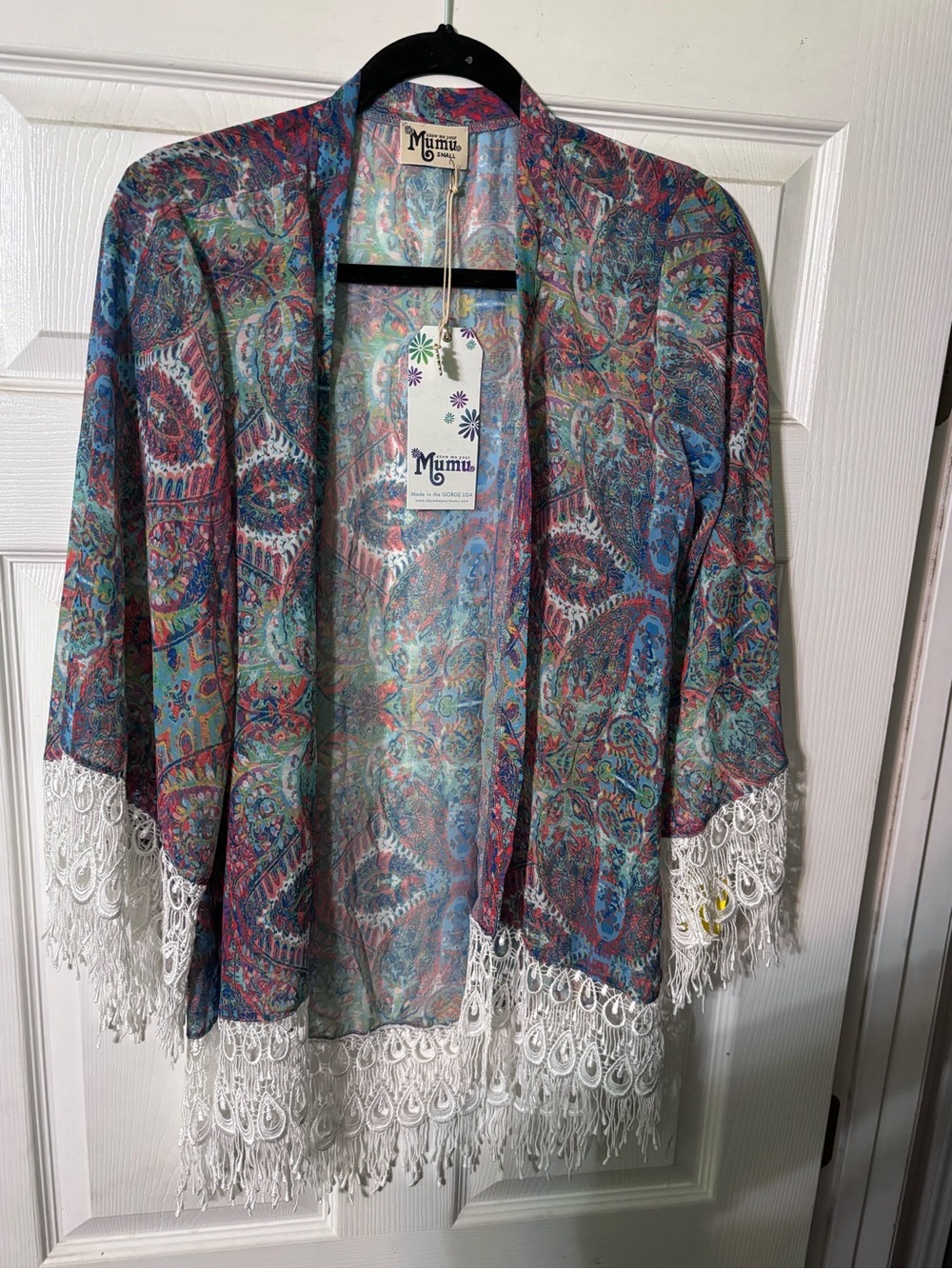 Show Me Your Mumu Multicolor Paisley Kimono with White Lace Trim
